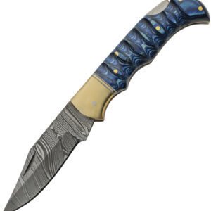 Damascus Grooved Lockback Blue (3″)