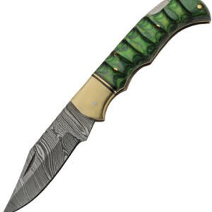 Damascus Grooved Lockback Green (3″)