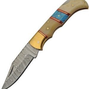 Damascus Lockback Bone/Turquoise (3″)